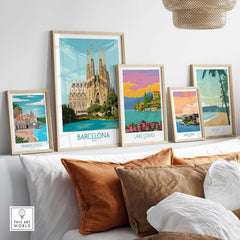 Barcelona poster featuring Sagrada Familia, vintage travel art prints, stylish wall decor for home and office.