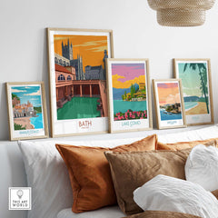 Stylish Bath travel poster and framed prints featuring scenic destinations like Lake Como and Amalfi Coast.