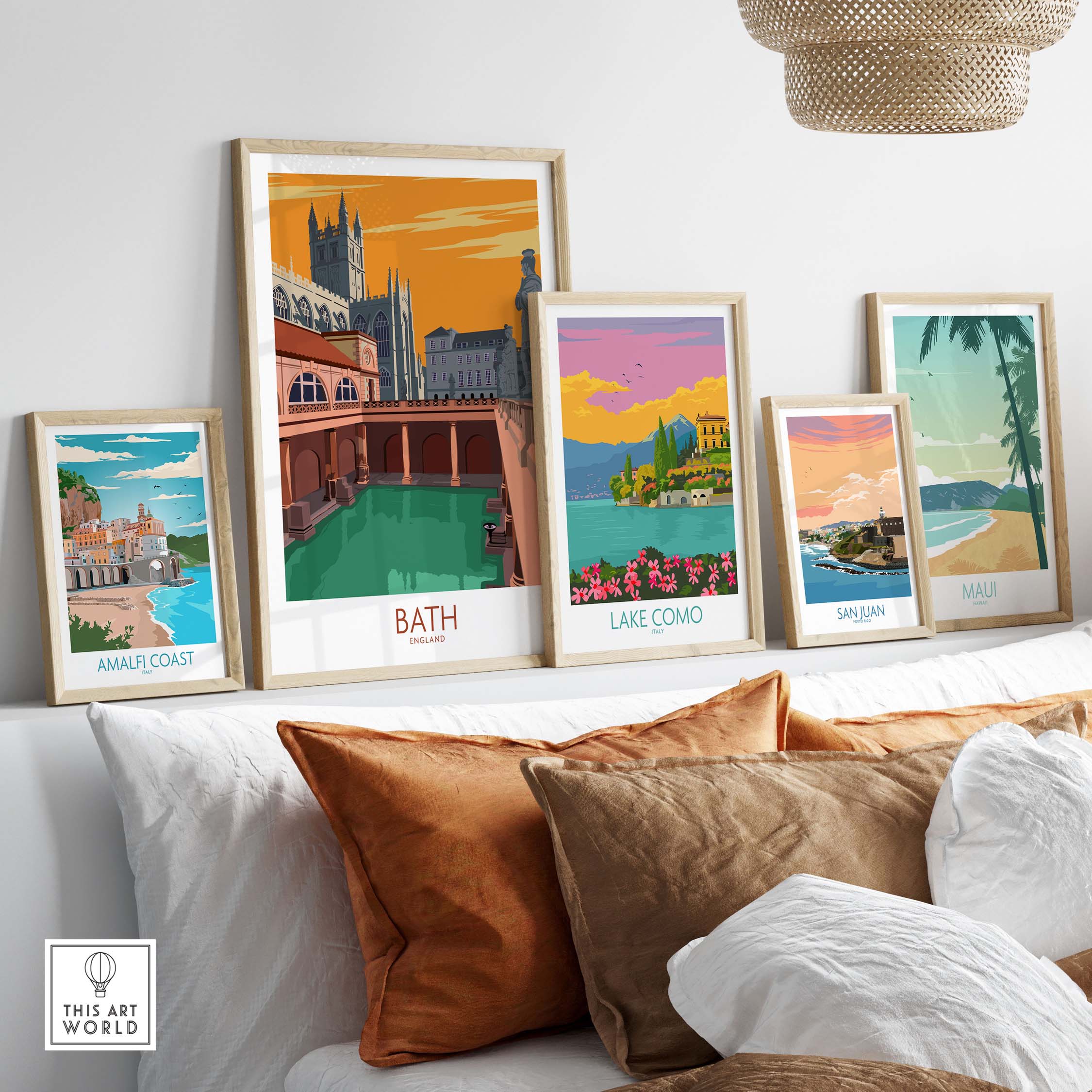 Stylish Bath travel poster and framed prints featuring scenic destinations like Lake Como and Amalfi Coast.