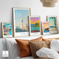Berlin Poster Print displayed among vintage travel art prints in a stylish home setting.