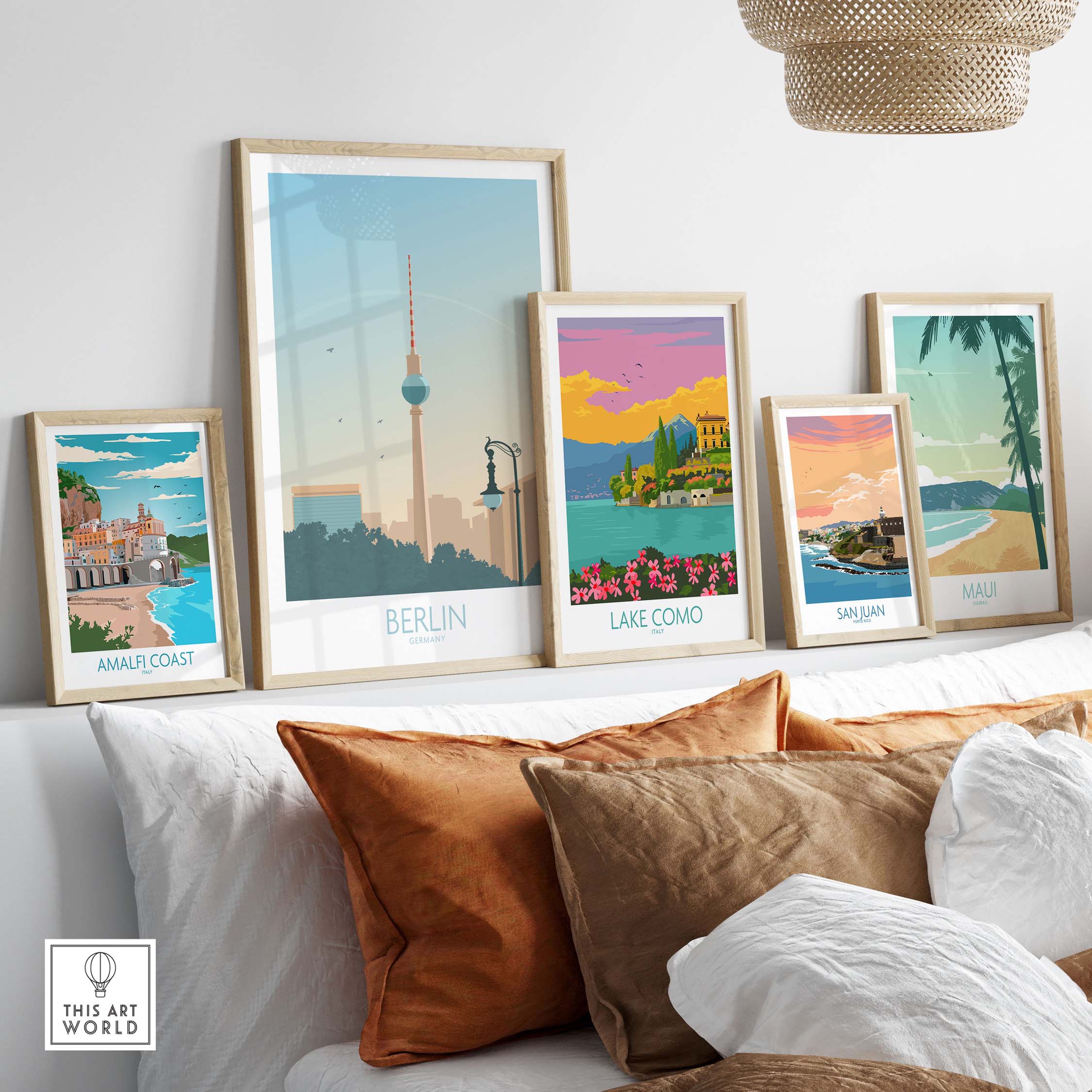 Berlin Poster Print displayed among vintage travel art prints in a stylish home setting.