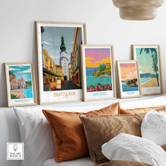 Bratislava art print displayed in a stylish home setting, featuring vintage travel poster designs.