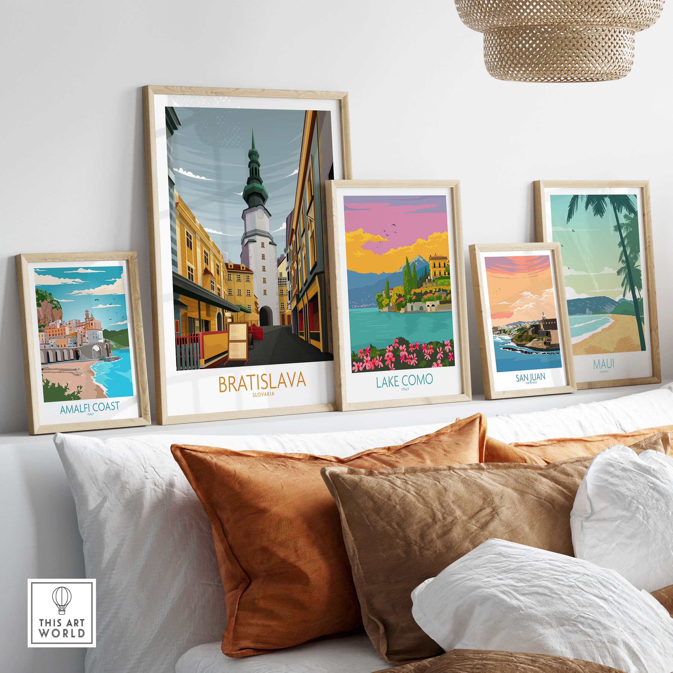 Bratislava art print displayed in a stylish home setting, featuring vintage travel poster designs.