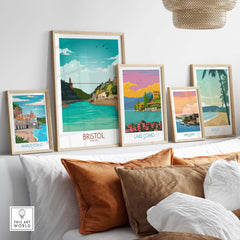 Bristol travel poster and framed artworks showcasing beautiful landscapes and vintage style on a stylish living room wall.