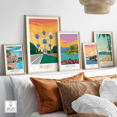 Brussels poster and various travel prints displayed stylishly in a modern living room setting.