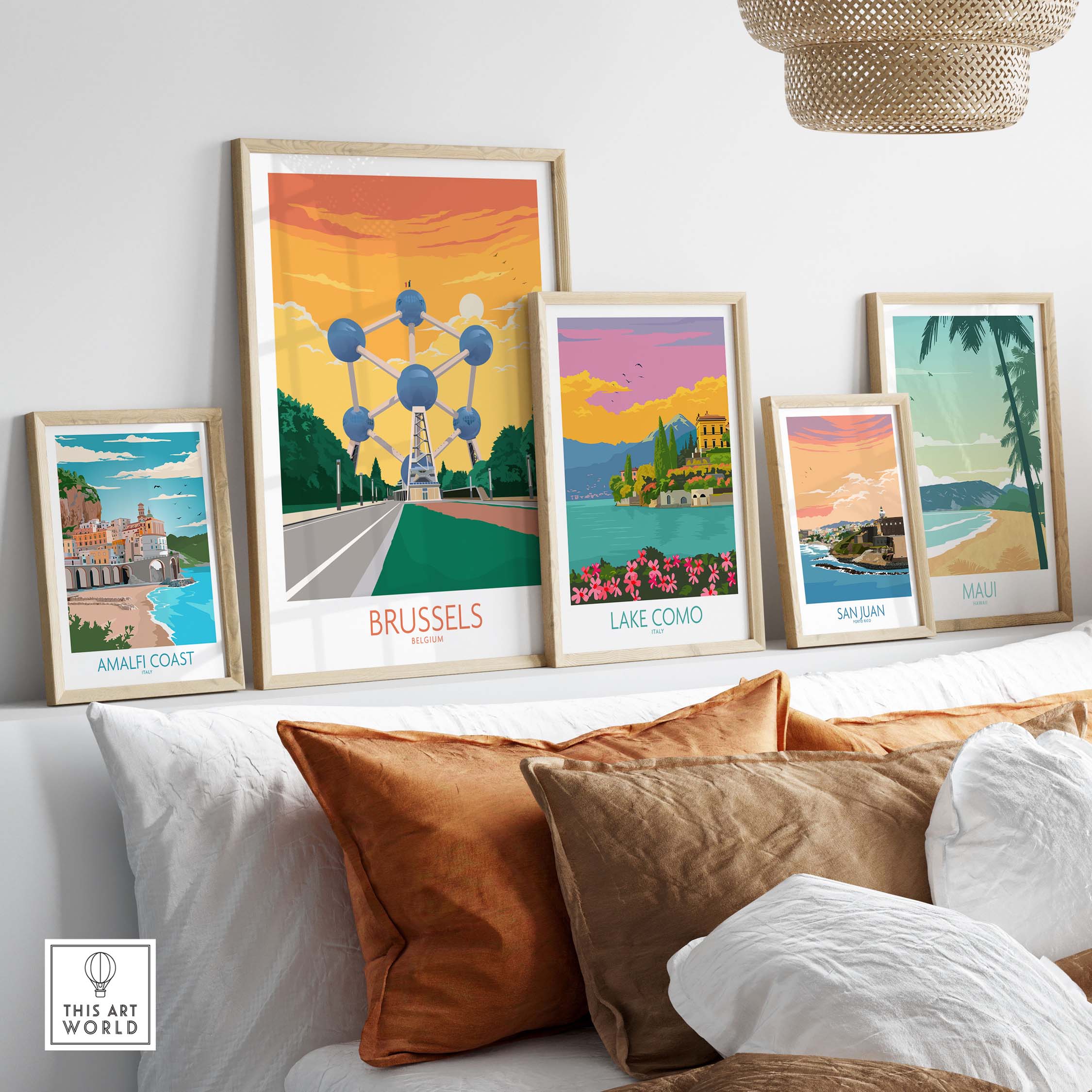 Brussels poster and various travel prints displayed stylishly in a modern living room setting.