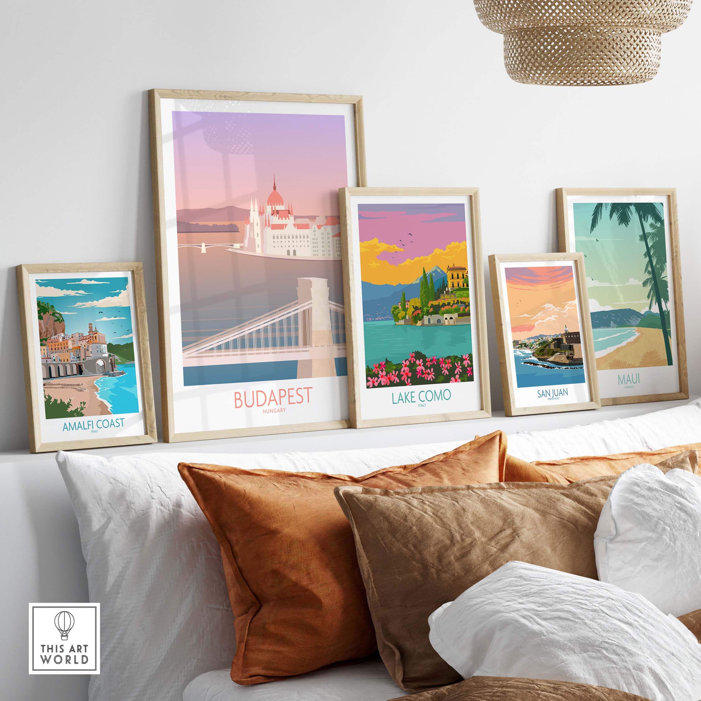 Stylish framed Budapest travel print among vintage posters, showcasing art for home or office decor.