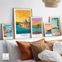 Budapest poster among framed vintage travel prints, showcasing stylish home decor inspired by wanderlust.