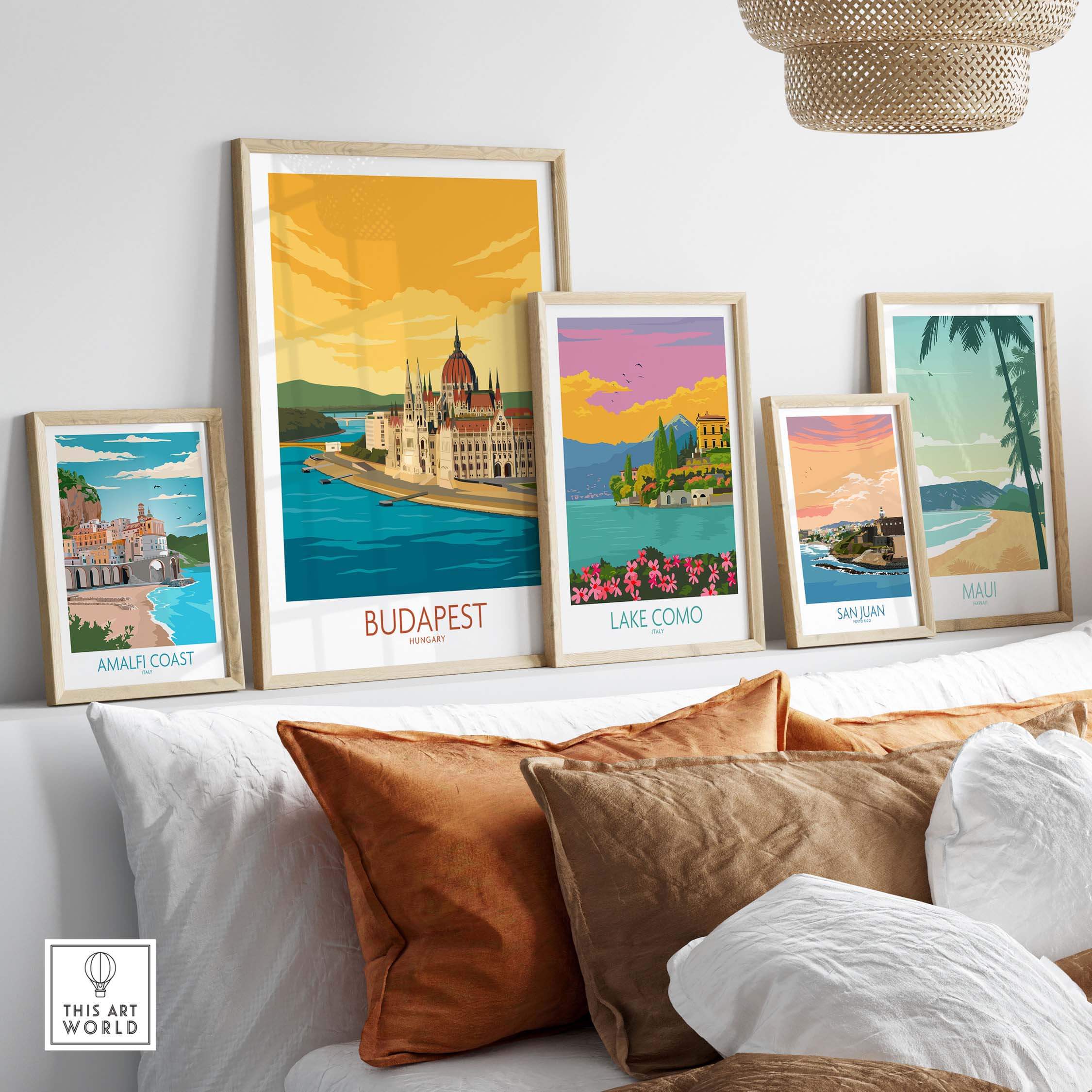 Budapest poster among framed vintage travel prints, showcasing stylish home decor inspired by wanderlust.
