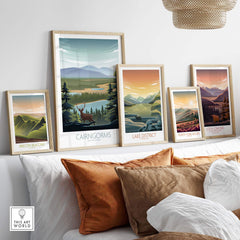 Set of framed art prints showcasing Cairngorms, Lake District, and more, ideal for nature lovers' home decor.