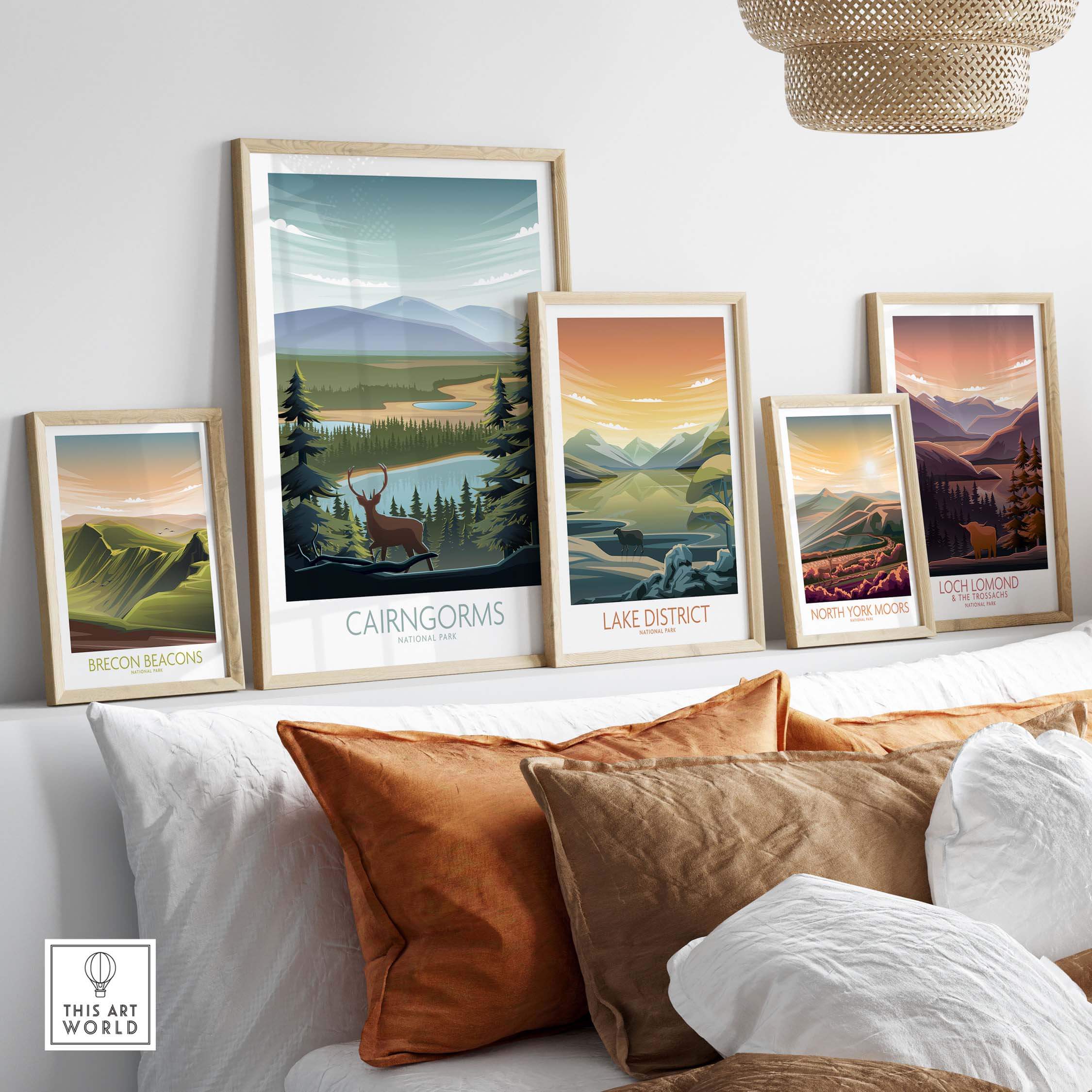 Set of framed art prints showcasing Cairngorms, Lake District, and more, ideal for nature lovers' home decor.