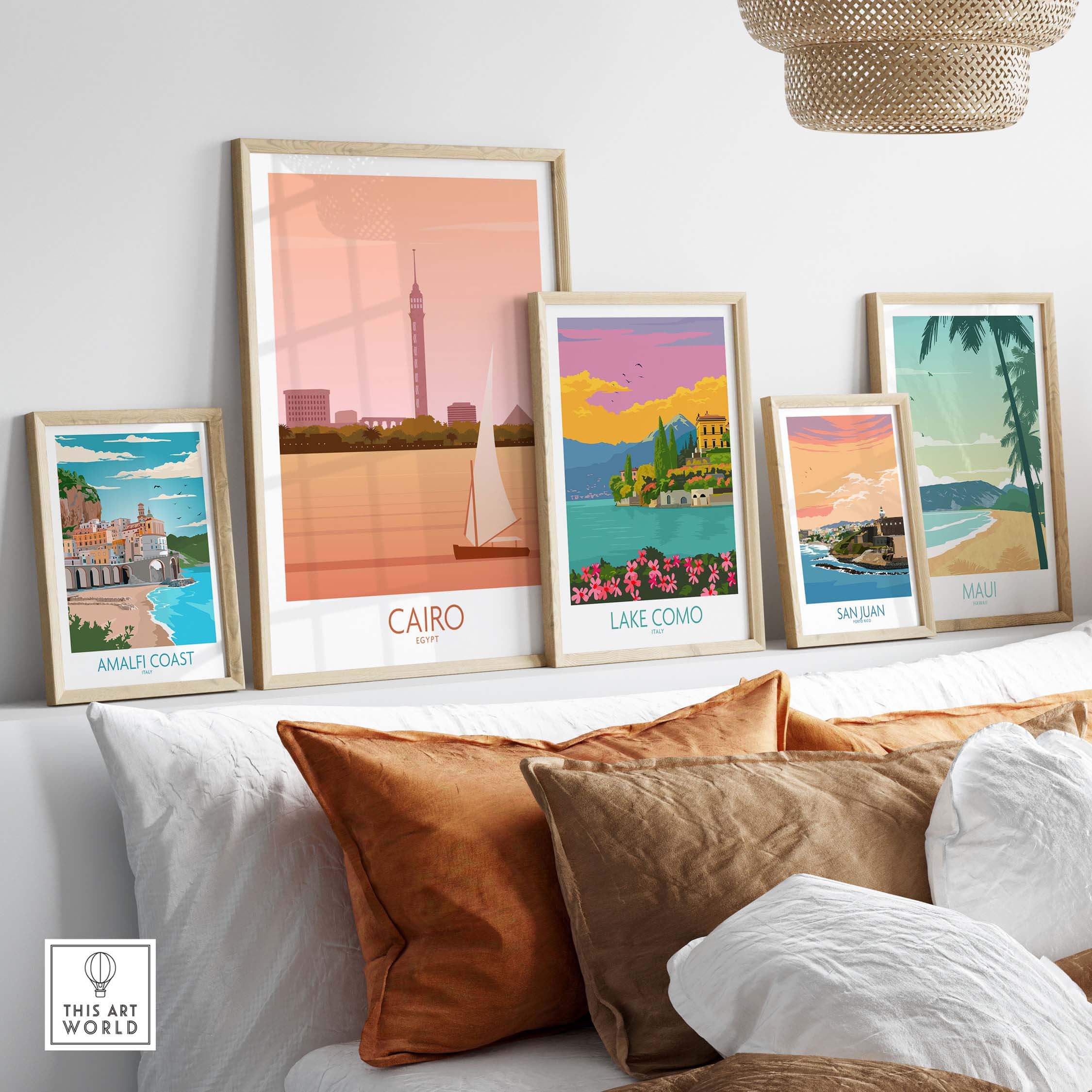 Cairo Travel Poster Print displayed among various vintage travel art prints on a stylish home decor shelf.