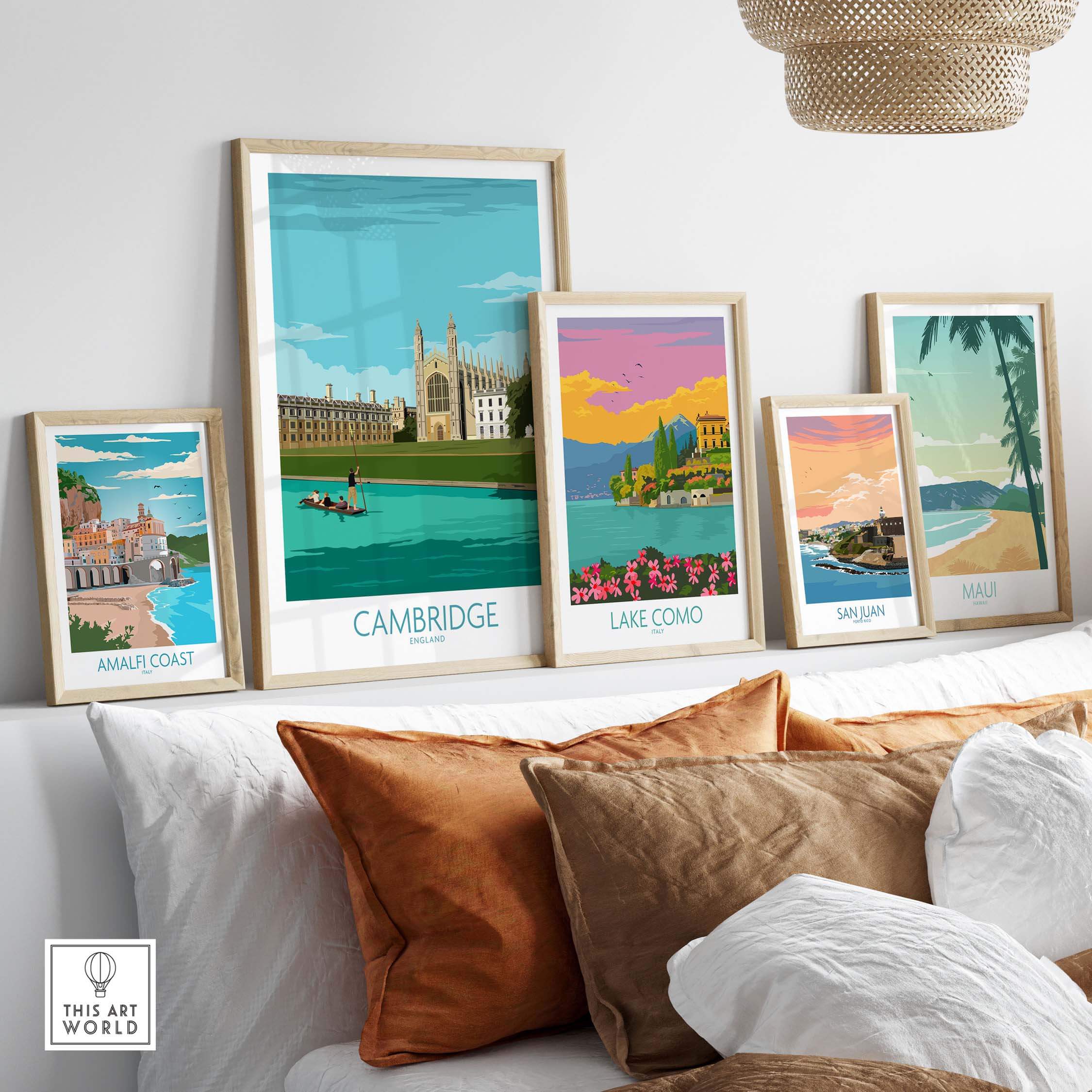 Cambridge Print travel art inspired by vintage posters in a stylish home setting with various framed prints.