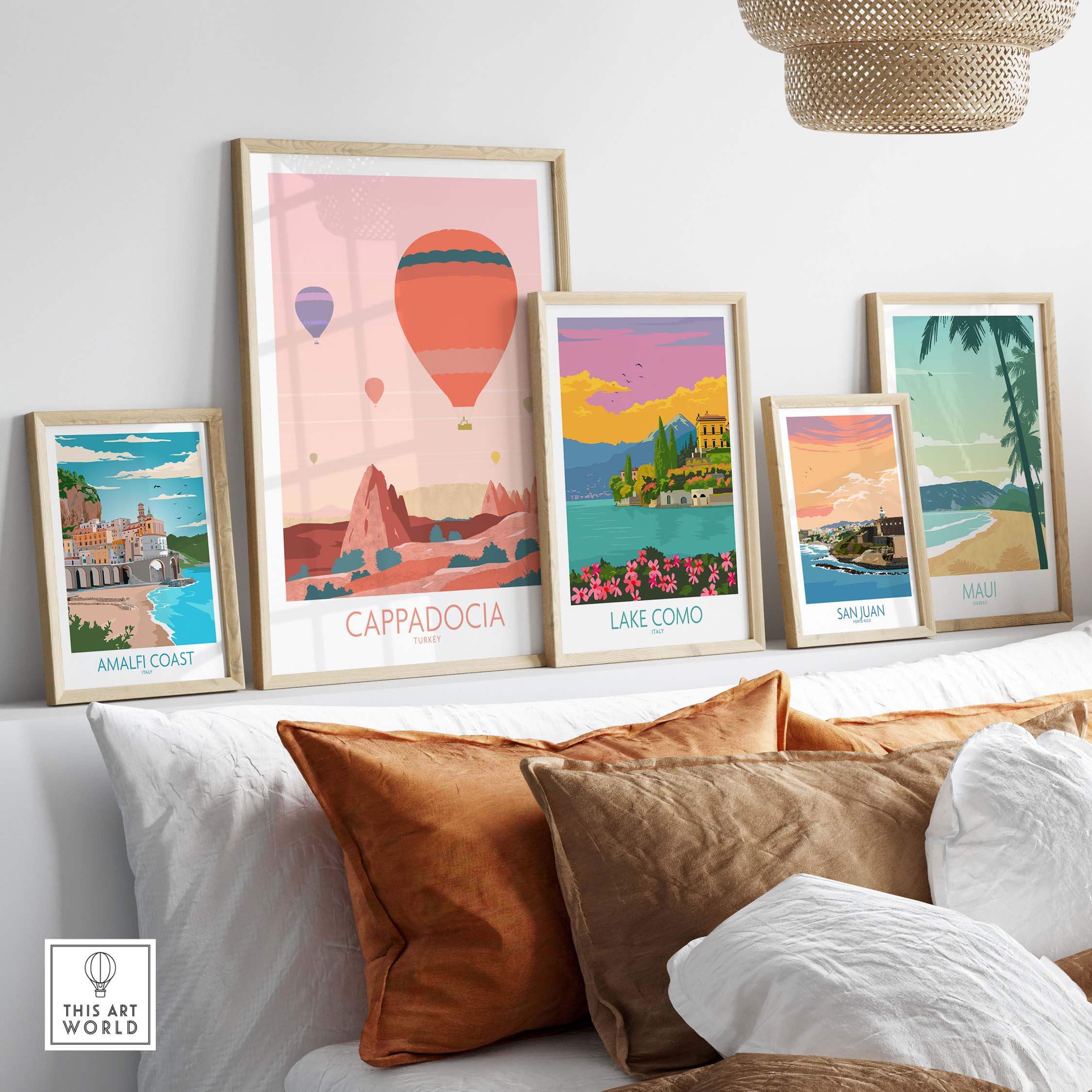 Stylish Cappadocia print showcasing hot air balloons, displayed with vintage travel posters at home.