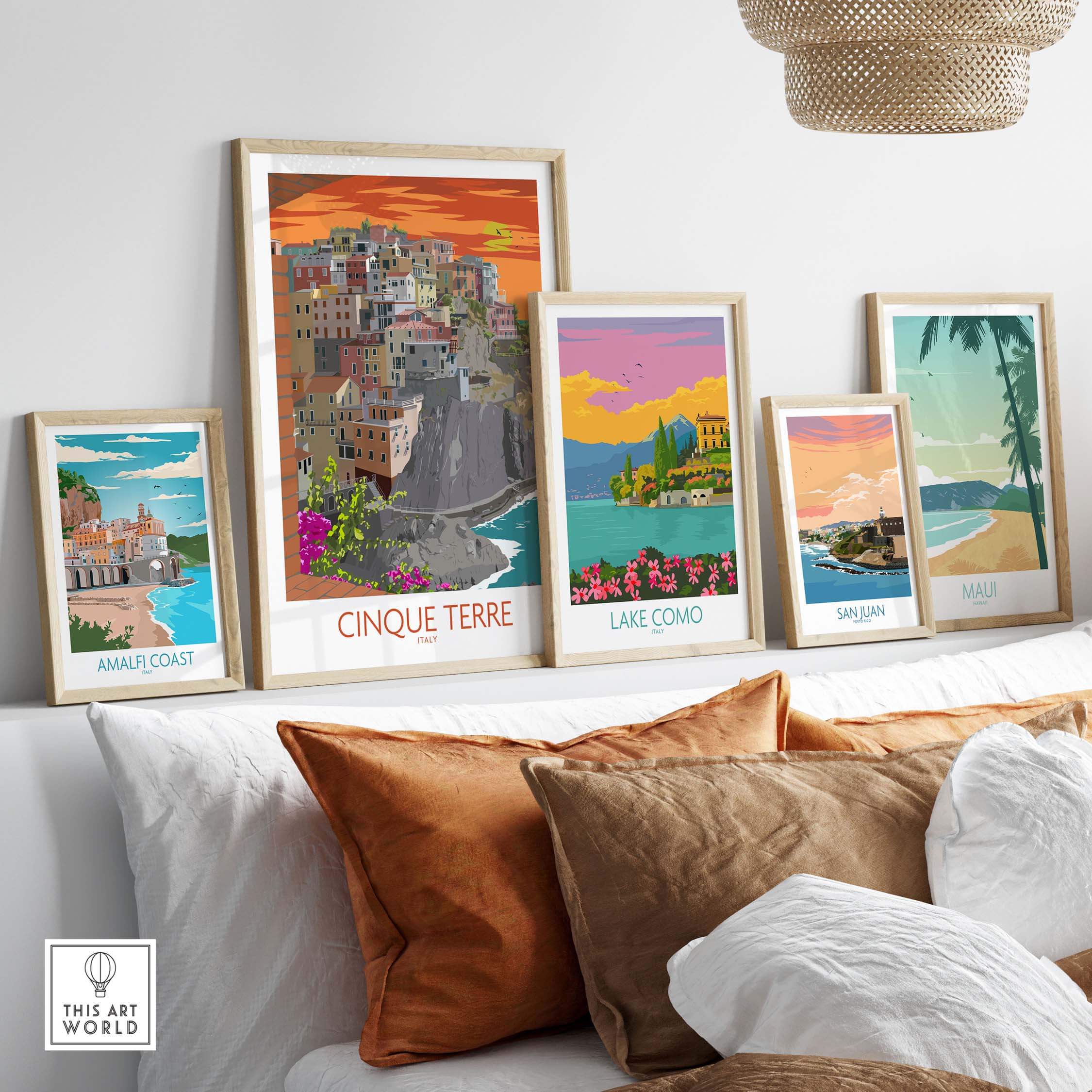 Cinque Terre print showcased with other travel art prints in a stylish home setting, featuring vibrant colors and vintage design.