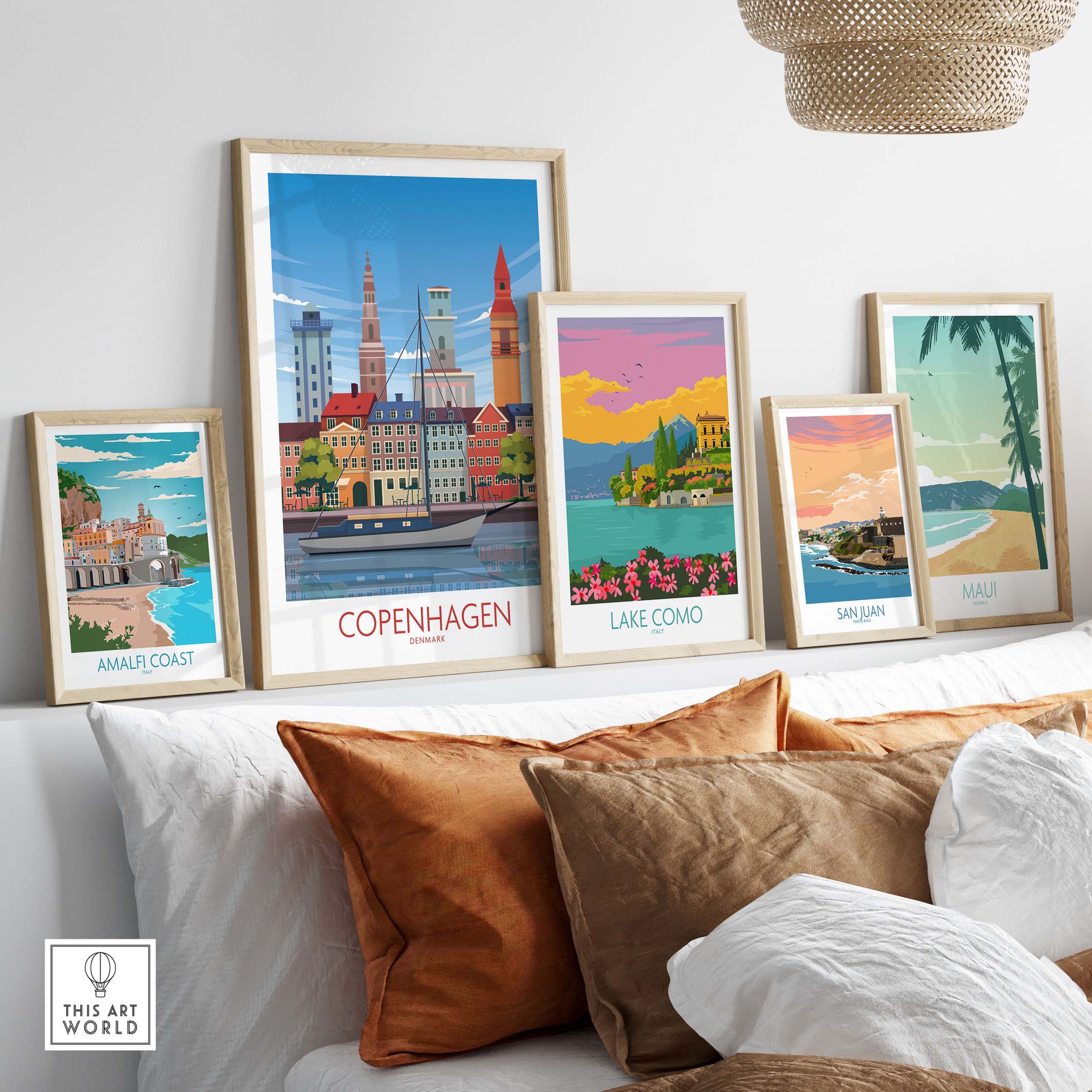 Copenhagen wall art print displayed with other travel posters in a modern home setting. Stylish and minimalist decor.