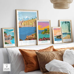 Cote d'Azur Print Poster display with vintage travel art, framed prints on a stylish sofa backdrop.