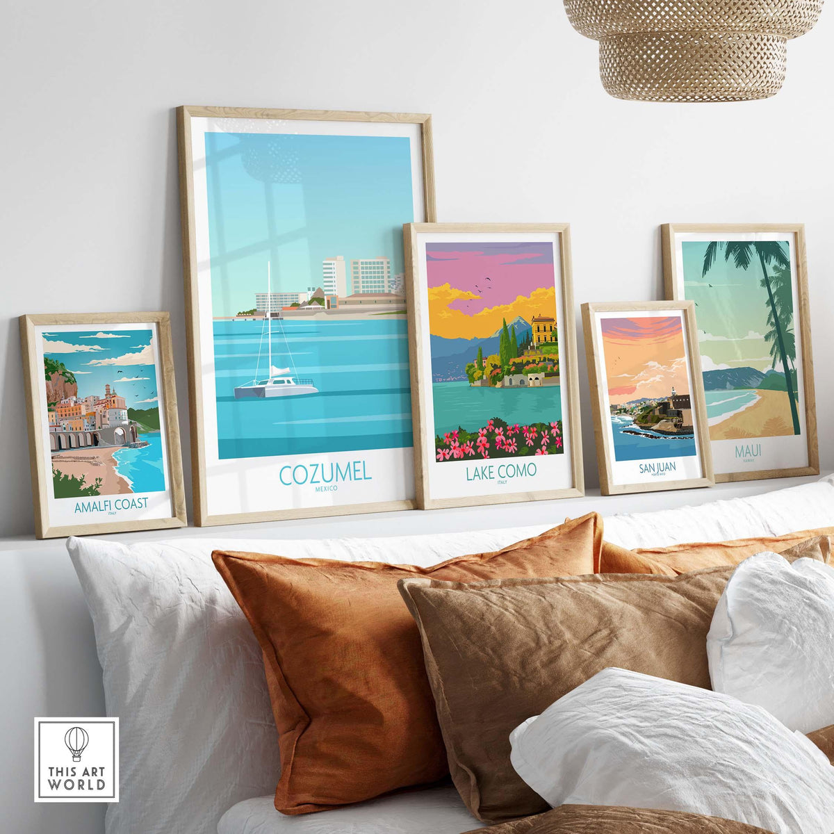 Colorful Cozumel poster and vintage travel prints framed in a modern living room, showcasing wanderlust art.