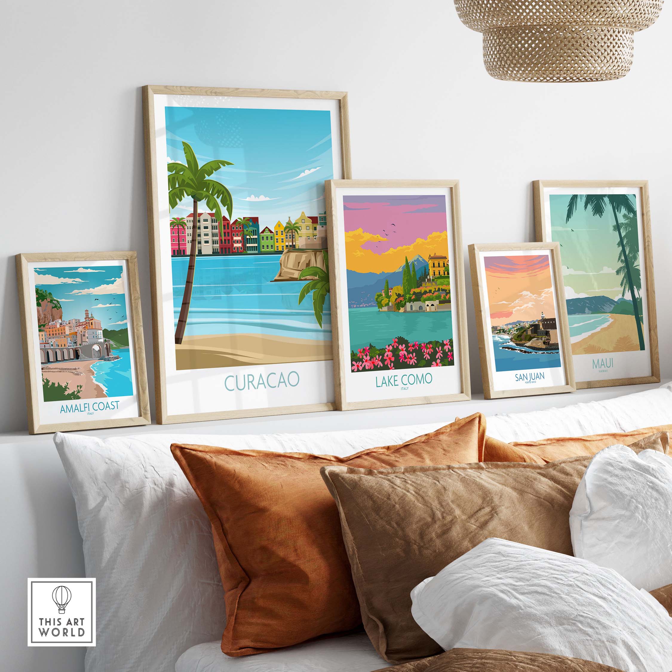 Curacao wall art travel poster collection showcasing vibrant beach scenes and vintage-inspired designs.