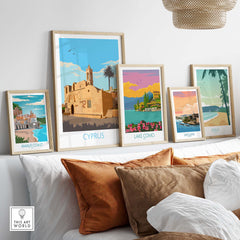 Stylish framed travel poster prints featuring Cyprus, Lake Como, and Amalfi Coast in a modern minimalist design.
