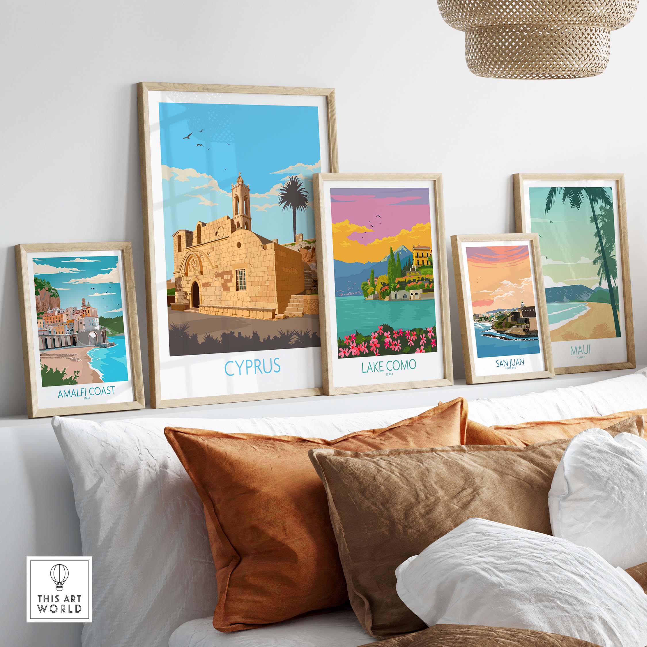Stylish framed travel poster prints featuring Cyprus, Lake Como, and Amalfi Coast in a modern minimalist design.