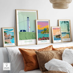 Denmark poster print displayed among vintage travel art prints in a stylish home setting.
