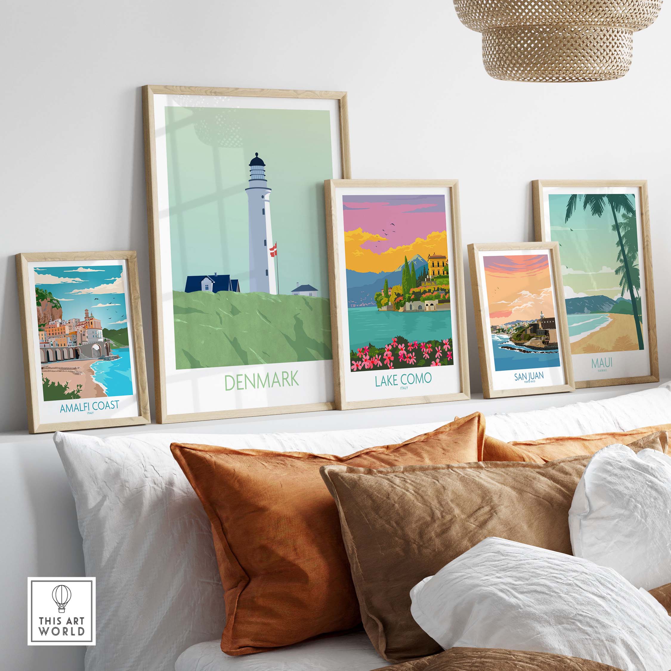 Denmark poster print displayed among vintage travel art prints in a stylish home setting.