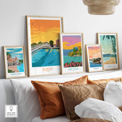 Stylish Dublin Print Ireland poster among framed vintage travel art on a stylish sofa setting.