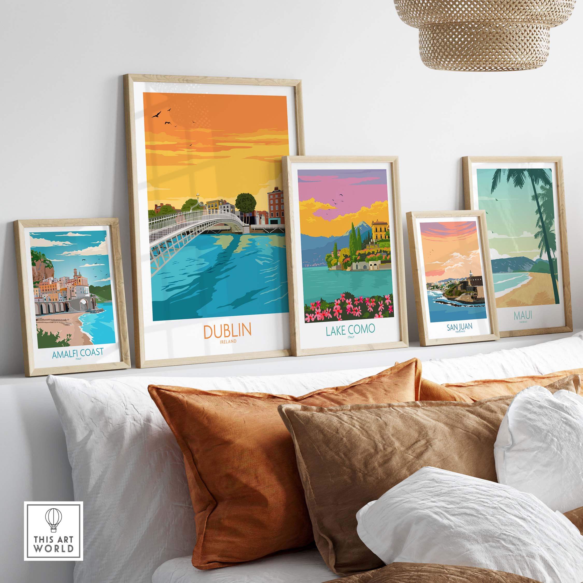 Stylish Dublin Print Ireland poster among framed vintage travel art on a stylish sofa setting.