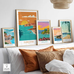 Stylish Dubrovnik art print among other vintage travel posters in a modern home setting.