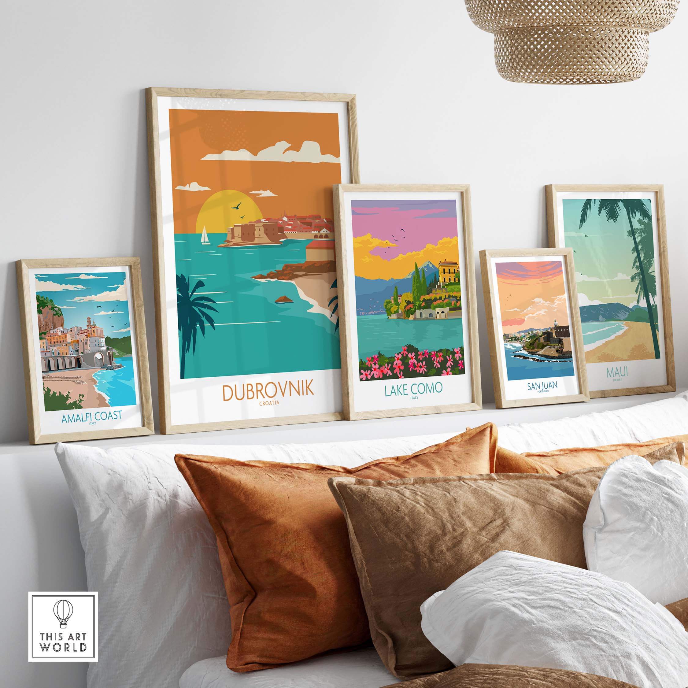 Stylish Dubrovnik art print among other vintage travel posters in a modern home setting.