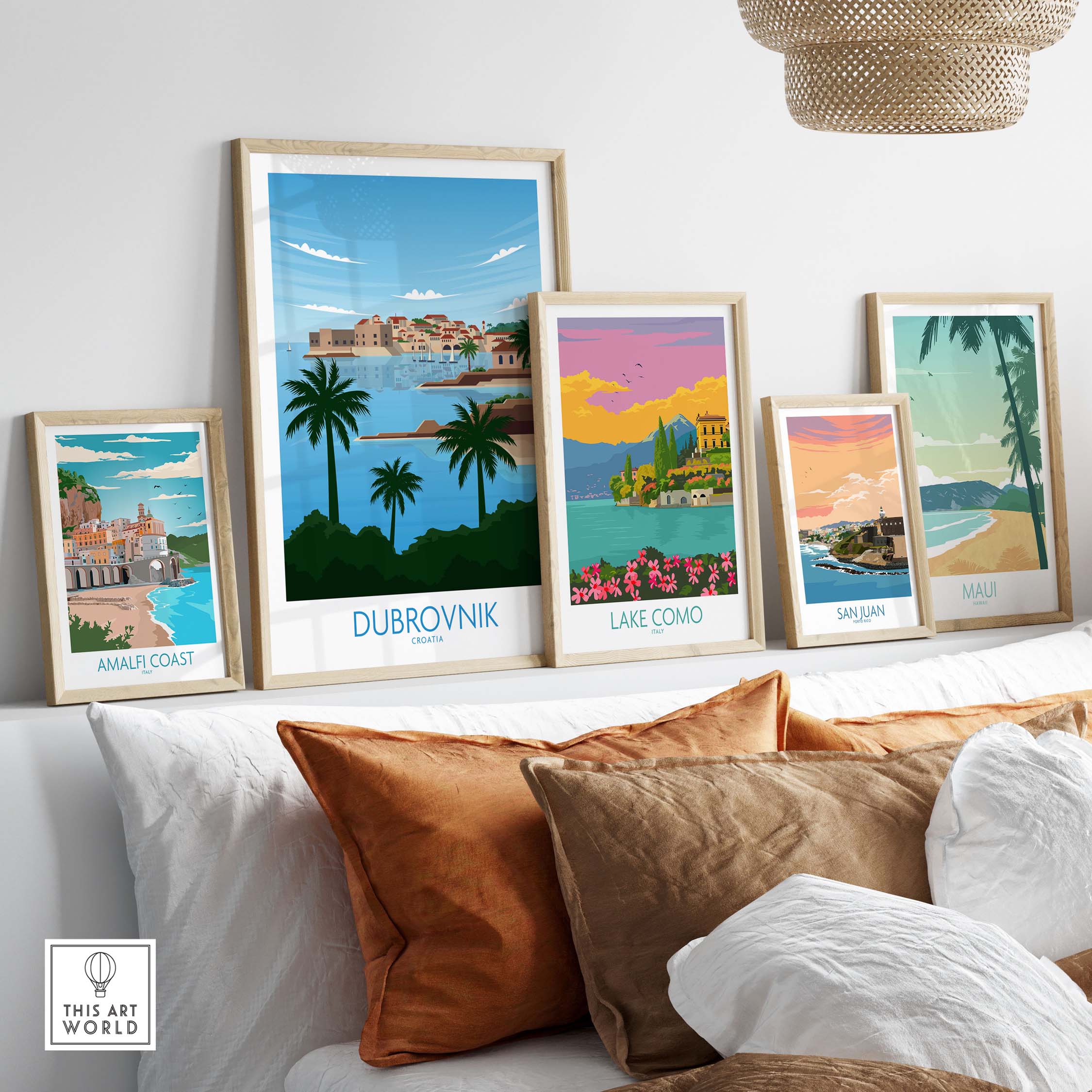 Dubrovnik poster art print displayed with travel-themed artworks, showcasing minimalist design and vintage inspiration.