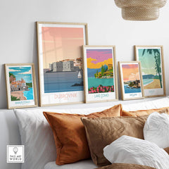 Framed Dubrovnik travel poster with vintage style wall art collection in a cozy living space.