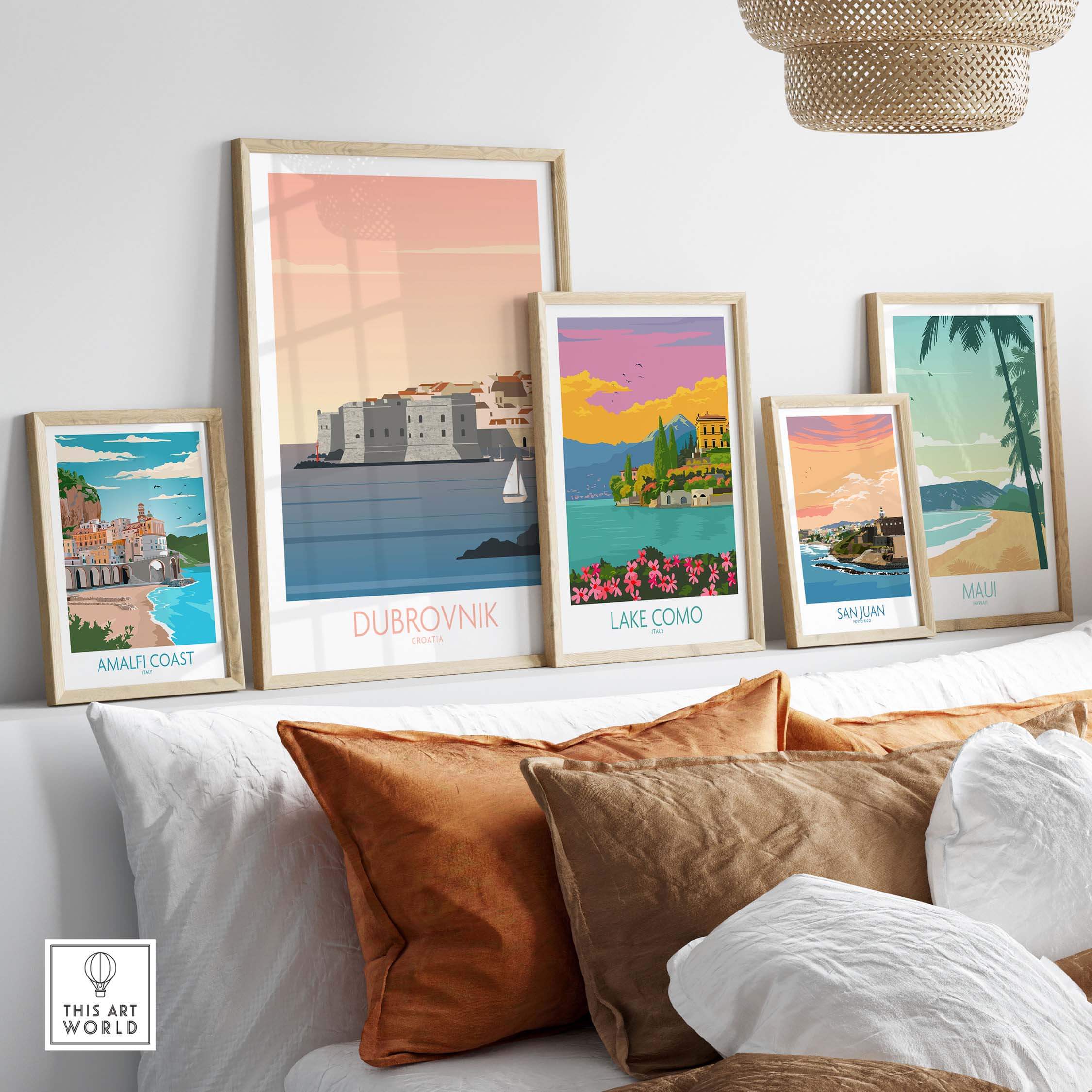 Framed Dubrovnik travel poster with vintage style wall art collection in a cozy living space.