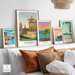 Stylish Edinburgh Wall Art Print displayed with other vintage travel posters in a cozy home setting.