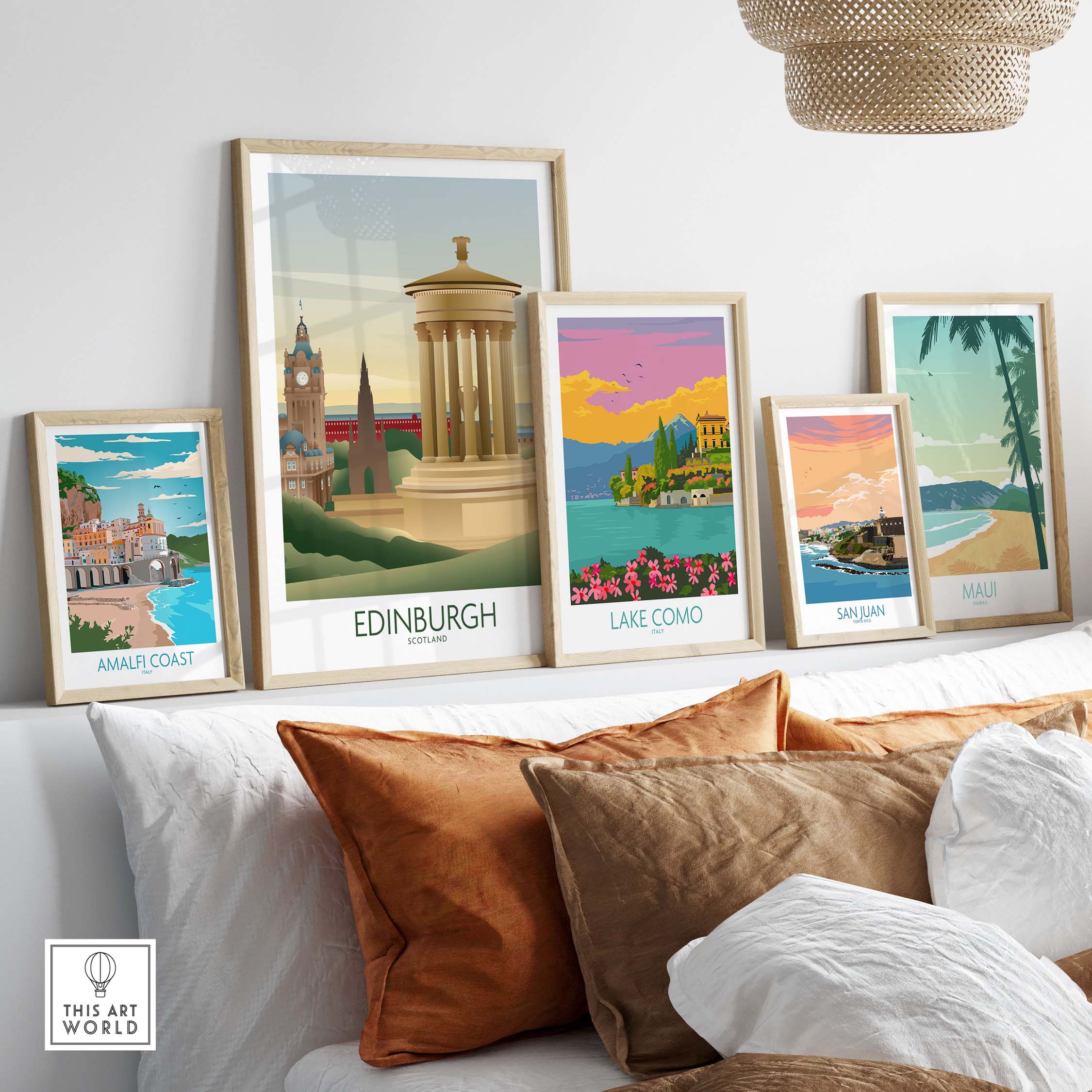 Stylish Edinburgh Wall Art Print displayed with other vintage travel posters in a cozy home setting.