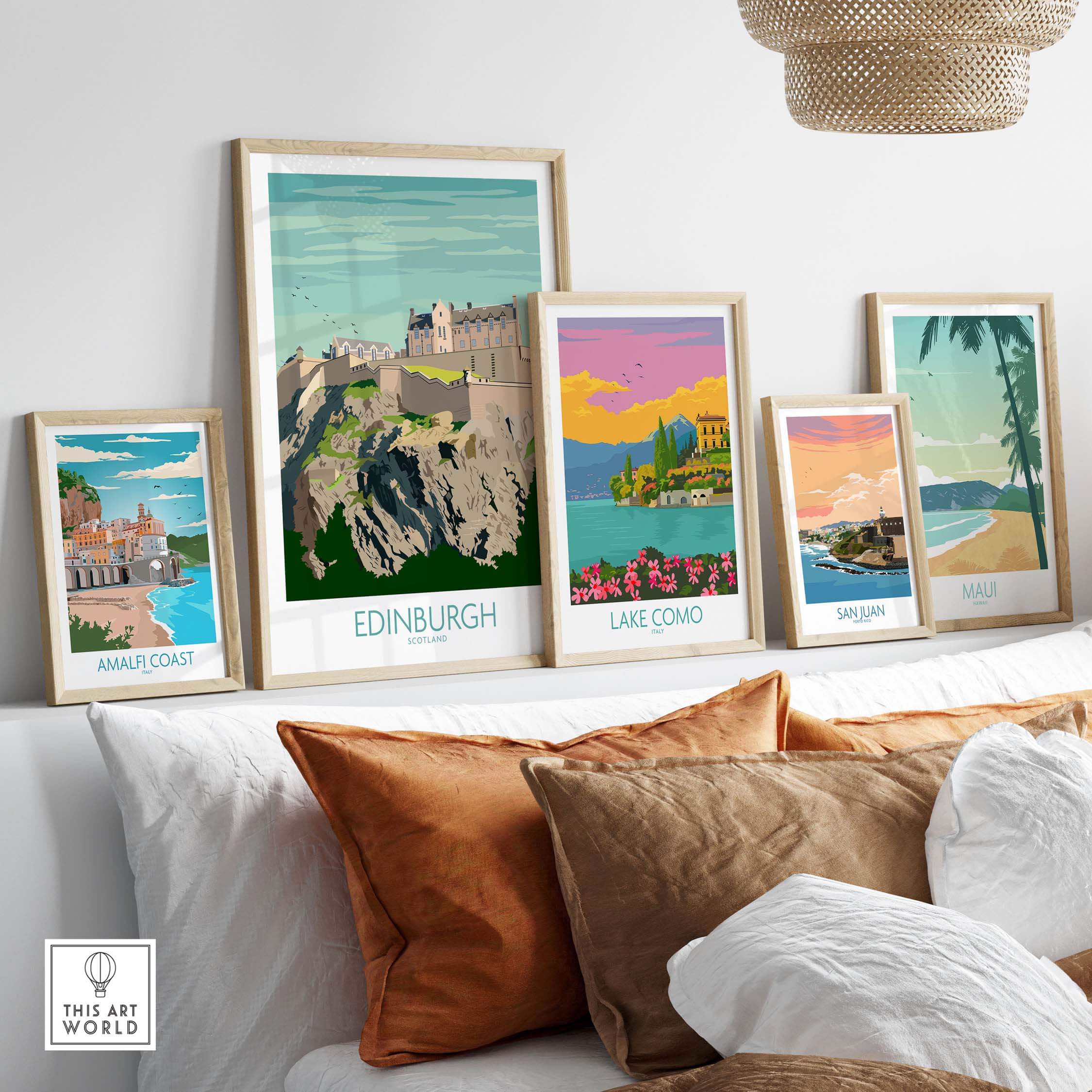 Stylish Edinburgh Print Scotland Travel Poster displayed with other travel art prints on a cozy sofa setting.