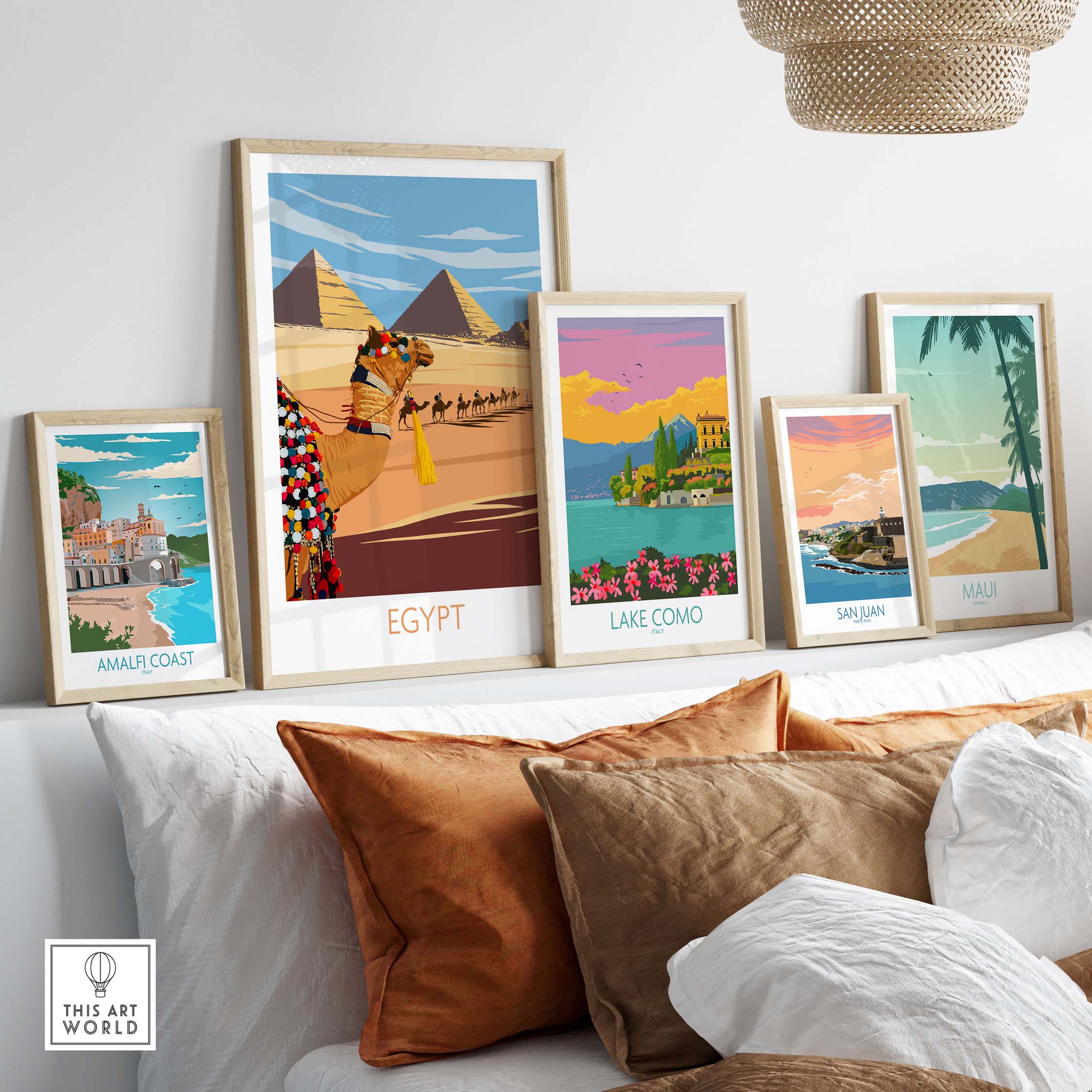 Colorful Egypt poster art print displayed with other vintage travel posters in a stylish interior setting.