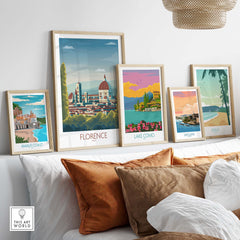 Florence Italy art print and travel posters displayed in a stylish interior setting with decorative pillows.