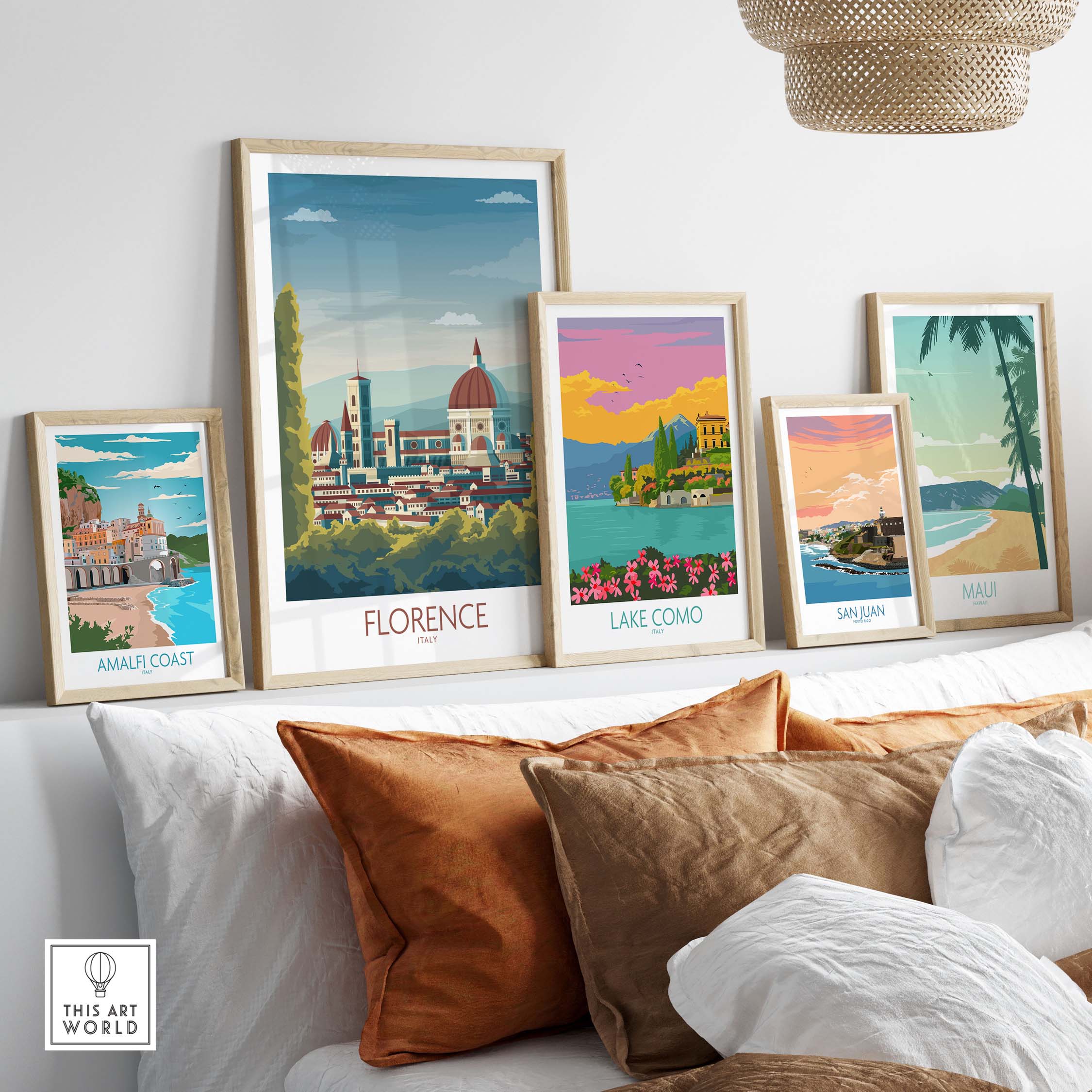 Florence Italy art print and travel posters displayed in a stylish interior setting with decorative pillows.