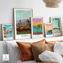 Stylish Florence Print Italy Travel Poster alongside other vintage-inspired travel art in a cozy home setting.