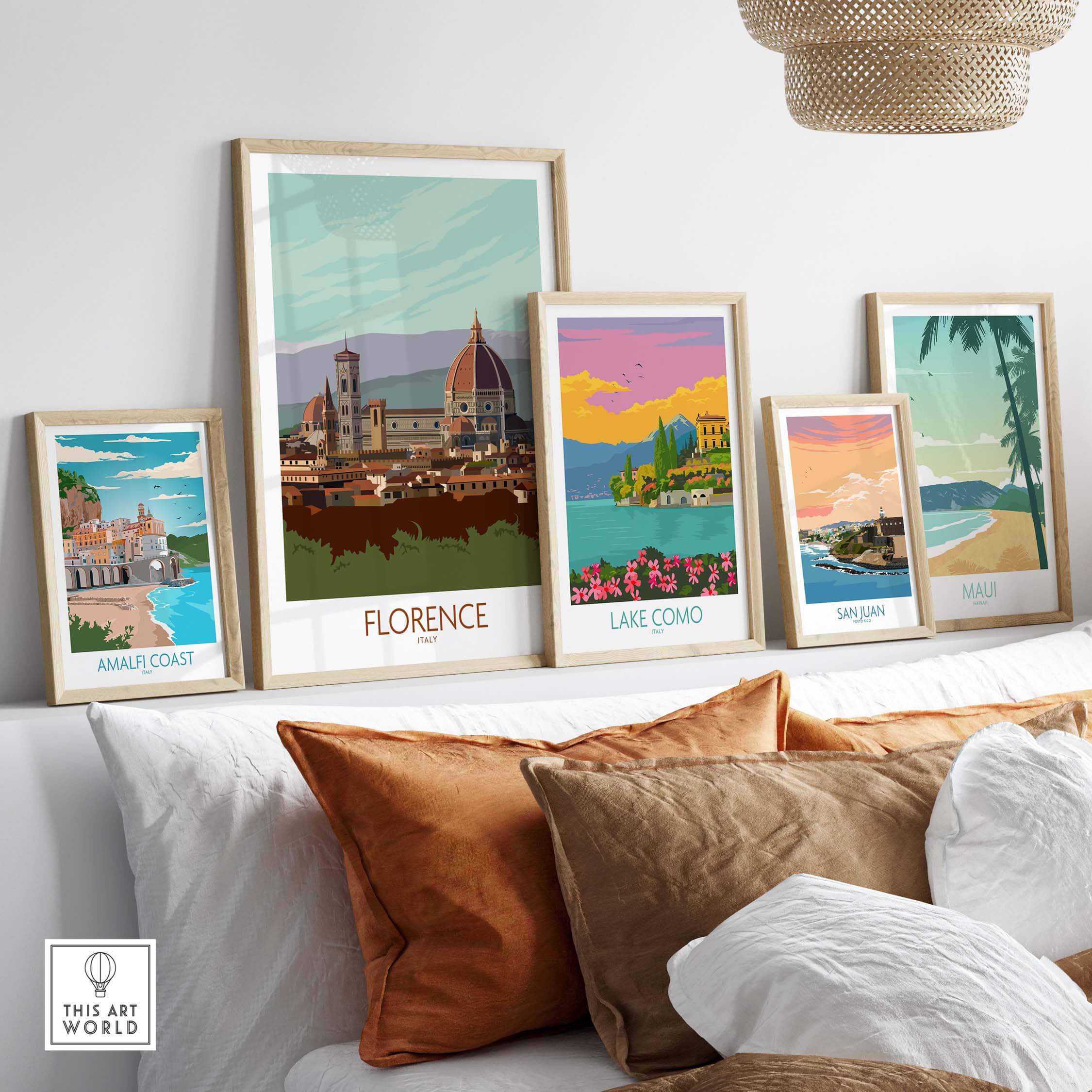 Stylish Florence Print Italy Travel Poster alongside other vintage-inspired travel art in a cozy home setting.