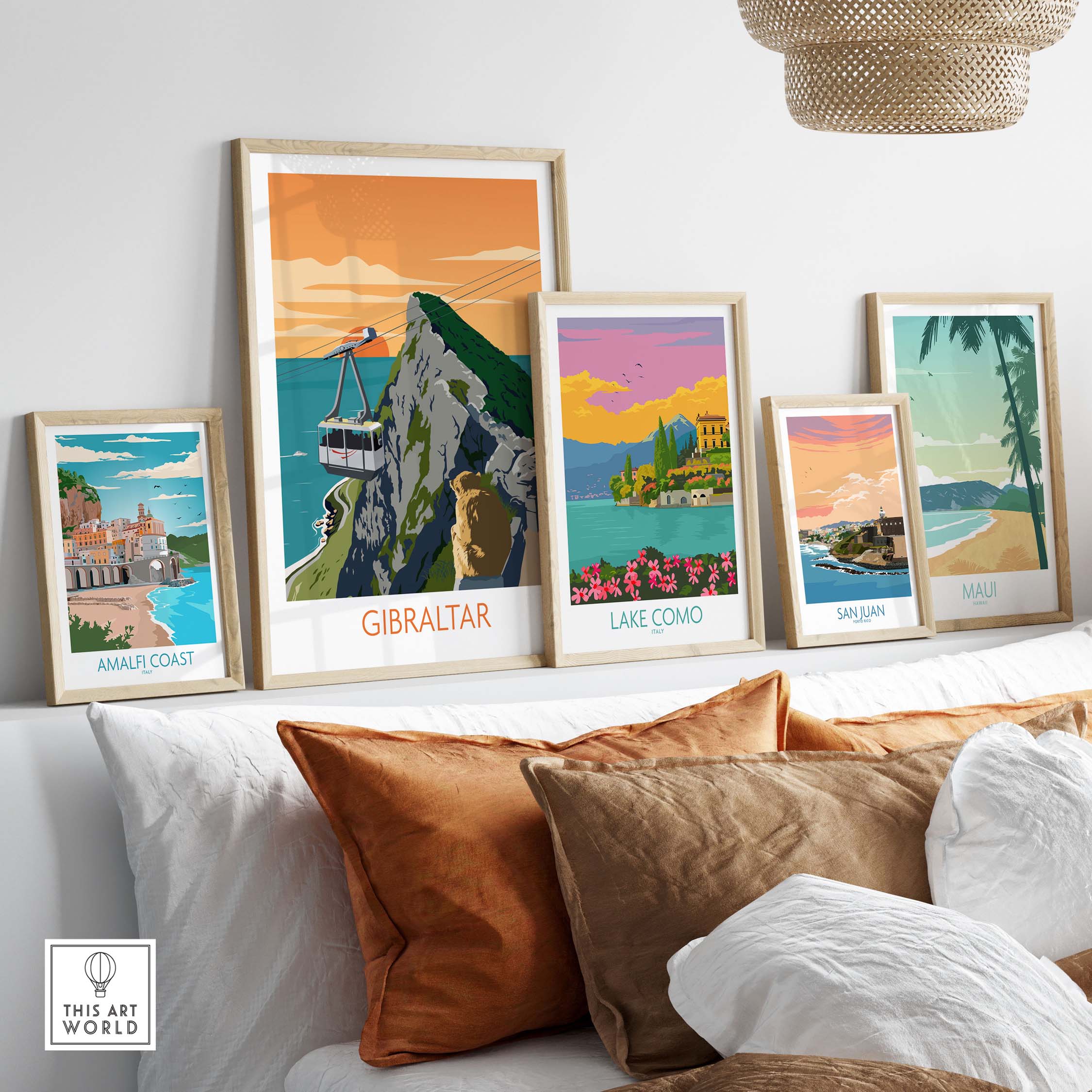 Gibraltar travel poster art print displayed with vintage-style artwork including Amalfi Coast and Lake Como.
