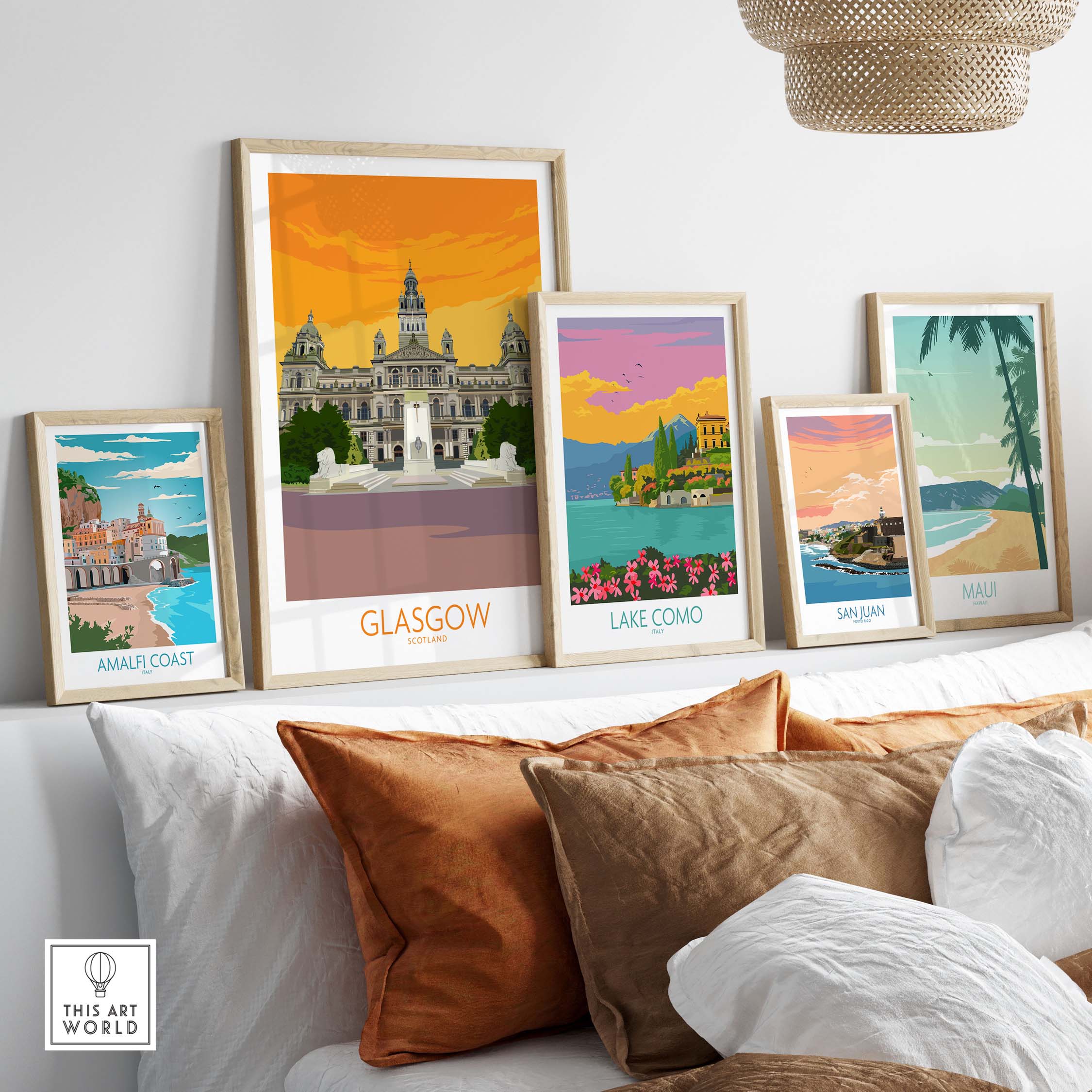 Glasgow Travel Poster Art Print displayed with other vintage travel posters on a stylish wall.