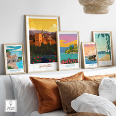 Granada Poster Print displayed among various travel-themed wall art in a stylish interior setting.