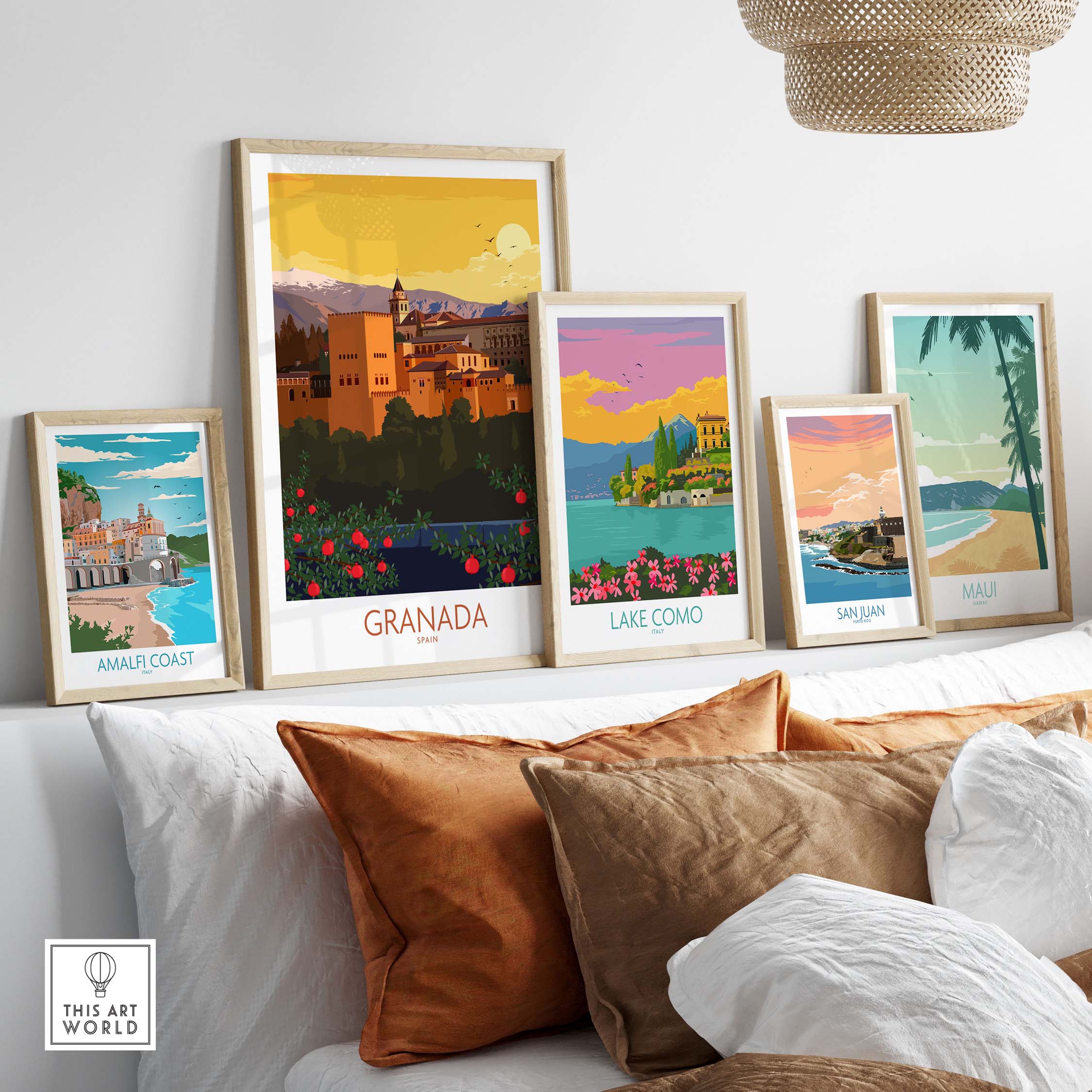 Granada Poster Print displayed among various travel-themed wall art in a stylish interior setting.