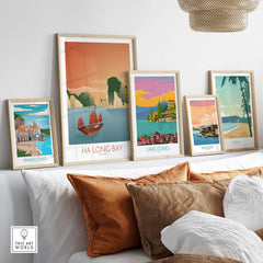 Ha Long Bay wall art print showcased with other travel art prints in a stylish living room setting.