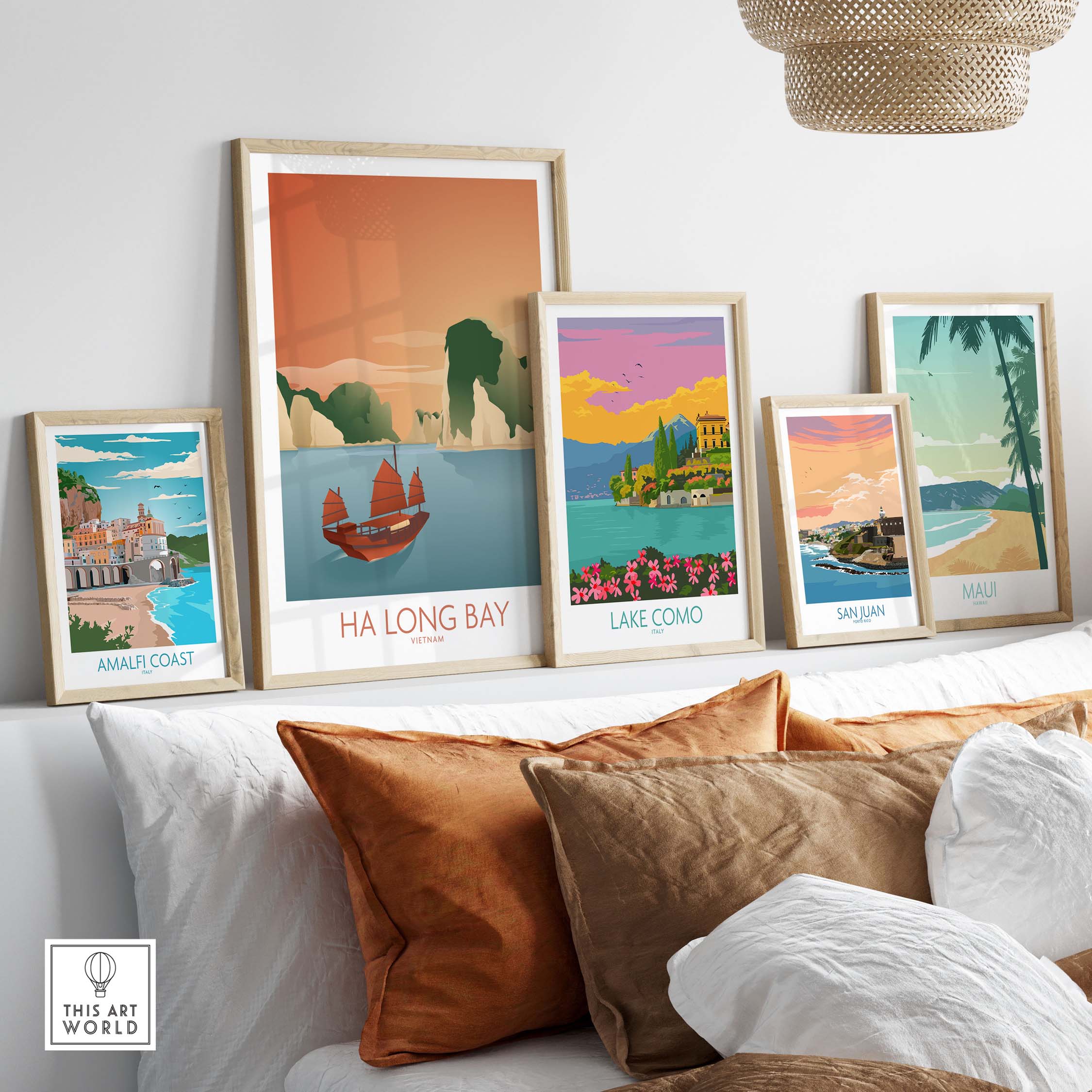 Ha Long Bay wall art print showcased with other travel art prints in a stylish living room setting.