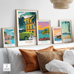 Havana Cuba poster print collection featuring vintage travel art in stylish frames on a cozy sofa.