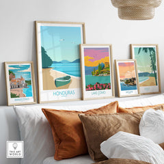 Honduras Caribbean print poster displayed with other travel art in a stylish home decor setting.
